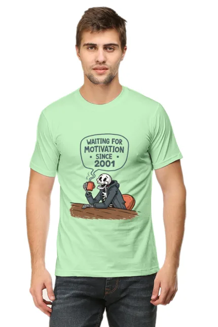 Waiting for Motivation Since 2001 T-Shirt – Sarcastic Skeleton Chai Tee for Men